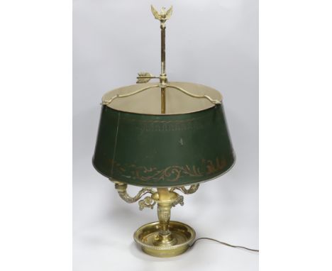 A Regency style gilt three branch/light table lamp with toleware shade, 65cm high