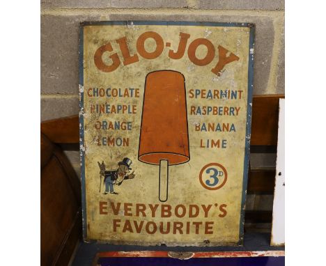 An original weathered enamel advertising sign 'Glo-Joy, Everybody's Favourite', width 46cm, height 61cm