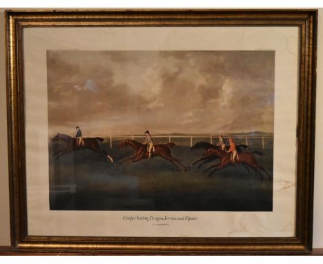 A large gilt framed and glazed print of an 18th century horse race; Creeper beating Dragonfly. H.70 W.87cm 