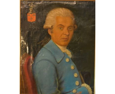 A carved gilt framed 19th century oil on canvas, portrait of a nobleman with heraldic shield. Unsigned. H.77 W.64cm 
