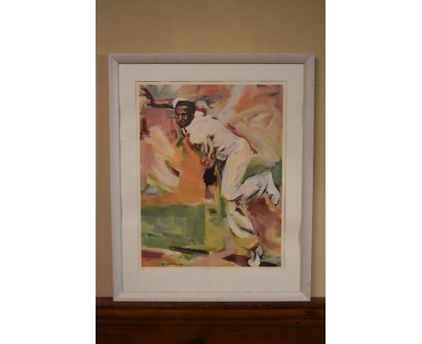 Of cricket interest, a framed and glazed limited edition print by David Skinner of Gary Sobers bowling, signed by both the ar