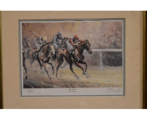 A signed limited edition print of horse racing interest. H.43 W.50cm 