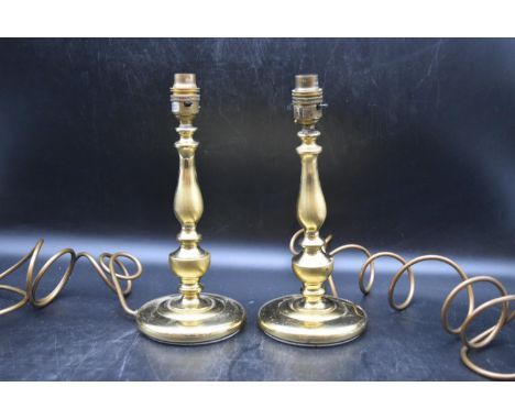 A pair of vintage brass candlestick design table lamps. H.30cm (2) 