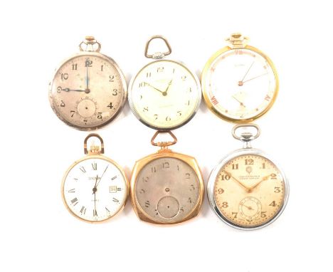 Six slim dress pocket watches; SIlvana with gold plated case, signed movement, 45mm, Ingersoll, Sekonda, Chronometer and two 