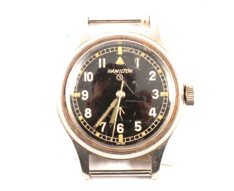 Hamilton military wristwatch, steel case, black dial with white numerals and broad arrow, the case back stamped ↑ 6B-9614045 