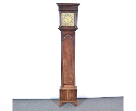 Oak longcase clock, the hood with moulded cornice, engaged column, trunk with long arched door, bracket feet, (adapted), 10" 