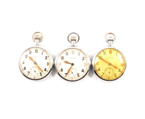 Three Leonidas military pocket watches, all stamped with the borad arrow and various numbers, diameter 52mm.Qty: 3
