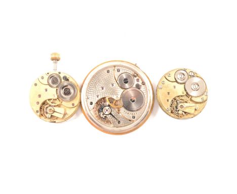 Three vintage Omega watch movements with dials, including pocket watch movement, gold coloured dial signed Omega, Omega movem