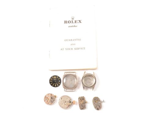 Four vintage Rolex watch movements, including one marked "Rebberg", another "Prima" movement, two of the movements with dials