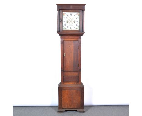 Oak longcase clock, the hood with moulded cornice, turned columns, long door, bracket feet, 13" painted dial with floral span