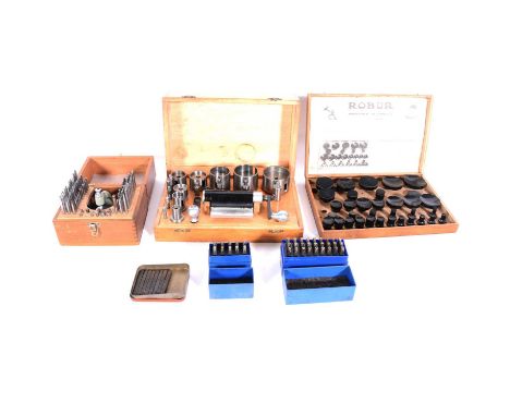 Watchmakers tools, including staking set, another Favorite tool set, Robur glass fitting set, Imperial letter and number puch