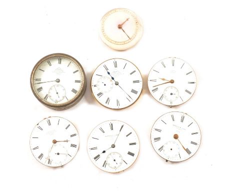 Six pocket watch movements, by Dent, McCabe and Barraud &amp; Lund, and another part movement with mother of pearl dial.Qty: 