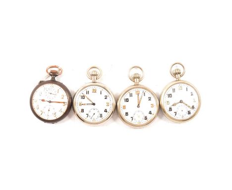 Four military issue pocket watches, all tiwh luminous numerals and hands, three with nickel cases stapmed with the broad arro