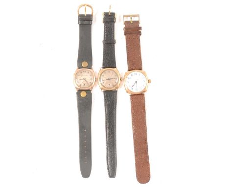 Vintage 9ct gold cased wristwatch, case with engraved initials, enamelled dial, replaced crown(?), 31mm, replaced leather str
