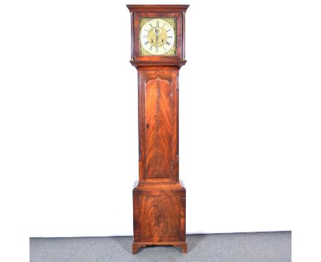 Mahogany longcase clock, the hood with moulded cornice, (adapted), fluted columns, trunk with long door, bracket feet, 12" br