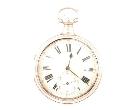 Silver pair cased pocket watch, Chester 1821, plain outer cse 58mm, enamelled dial with subsidiary seconds dial, verge moveme