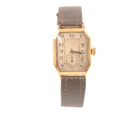 Vintage 9ct gold cased wristwatch, rectangular case with canted corners, silvered dial, Swiss 15 jewel movement. 31x25.4mm, r