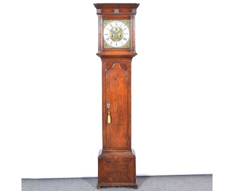 Oak longcase clock, the hood with moulded cornice, turned columns, trunk with long door, bracket feet, 12" brass dial with ca