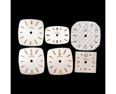 Six various Omega watch dials, including;Square with canted corners, engine turned finish, 19x19mmVintage square, 13.6x13.6mm