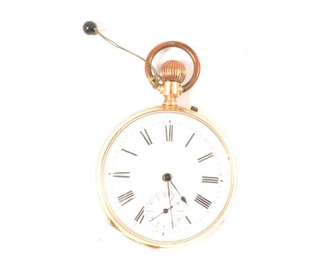 Yellow metal cased open face pocket watch, engine turned outer case stamped 14k, metal inner case, enamelled dial with subsid