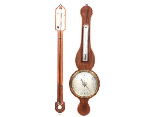 Victorian mahogany banjo barometer, boxwood strung outlines, silvered dials, signed Francis Anone, London, 94cm, and a mahoga