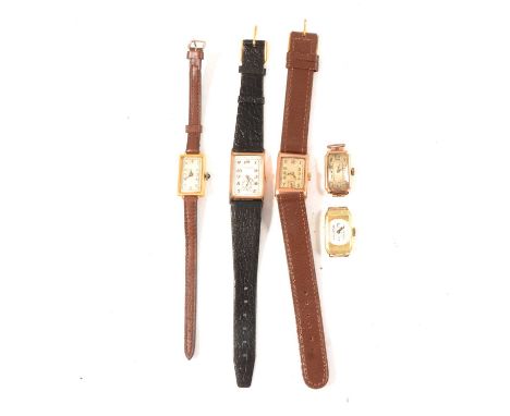Five vintage gold cased wristwatches, including one 9ct case with dial signed Golay Fils, Geneve, another 18k, another 14k, a