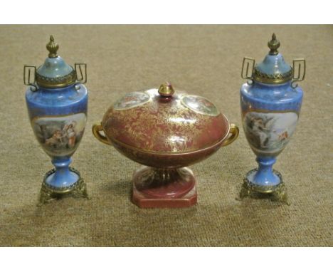 CERAMICS - A collection of 3 decorative ceramic pieces to include an Empire Ware dish & a pair of blue hand painted vases.