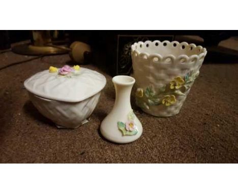 BELLEEK/CERAMIC/IRISH: A  collection of three Belleek items. To include a basket work open pot measuring approx. 9cm with yel