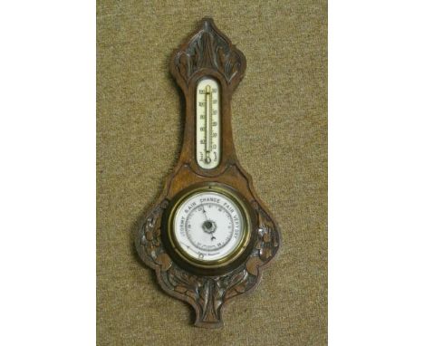 FURNITURE/ HOME - A beautiful antique barometer with mercury thermometer in carved oak frame & enamel dials. (One hand has co