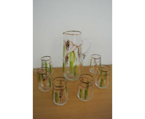 COLLECTABLES - A stunning vintage hand painted glass jug/ pitcher & matching set of 6 glasses, each piece with a beautiful pa
