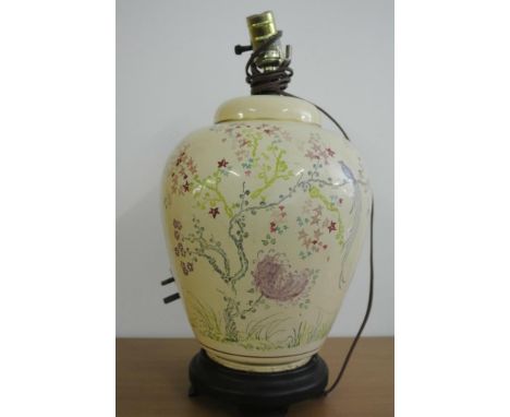 HOME/ VINTAGE - A large hand painted ginger jar table lamp, lacking shade, on wooden base.
