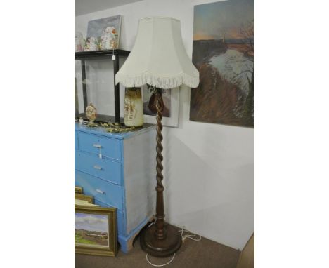 FURNITURE/ HOME - A beautiful large oak barley twist standard lamp, with large white shade, measuring 185cm tall.
