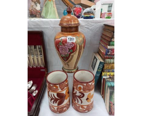 A Chinese lidded vase &amp; 2 other pottery vases COLLECT ONLY
