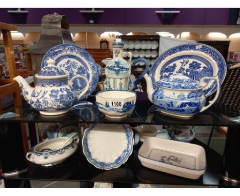 A quantity of blue and white including Spode teapot etc