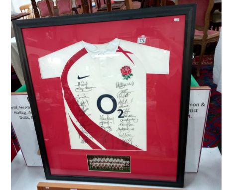 A framed &amp; glazed signed England rugby shirt, 2002 including Wilkinson etc. (approximately 29 signatures) COLLECT ONLY