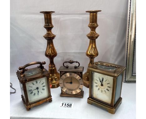 A pair of Victorian brass candlesticks &amp; a Finnigans Paris carriage clock (overwound) &amp; 2 others COLLECT ONLY.