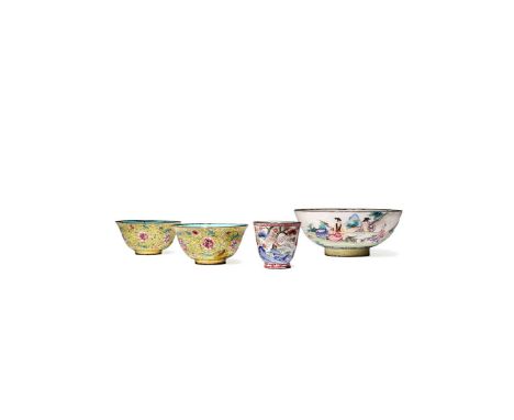 † THREE CHINESE CANTON ENAMEL FAMILLE ROSE BOWLS, QIANLONG 1736-95 Together with a U-shaped cup, variously decorated with fig