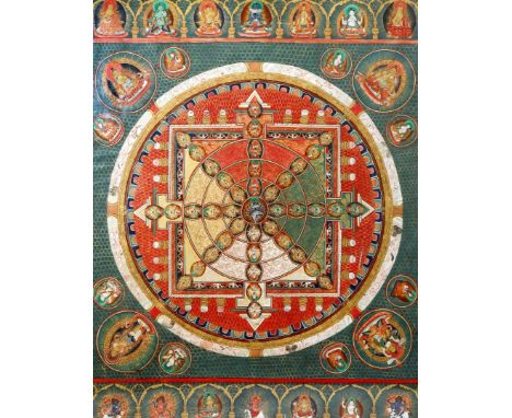 A LARGE TIBETAN MANDALA, 19TH CENTURY Depicting many figures and deities within concentric bands, reserved on cell diaper and