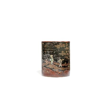 A RARE CHINESE LACQUE BURGAUTE PORCELAIN BITONG, KANGXI 1662-1722 The cylindrical body decorated to the exterior with black l