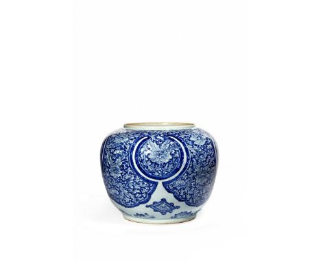 A LARGE CHINESE BLUE AND WHITE OVOID VASE, KANGXI 1662-1722 The compressed circular body painted with an interlocking design,