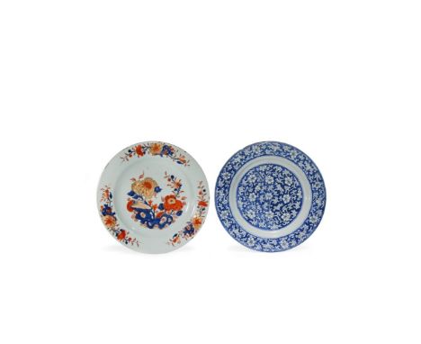 TWO LARGE CHINESE DISHES, 18TH CENTURY One painted in the Imari palette with peony, fruiting peach and finger citron, the oth