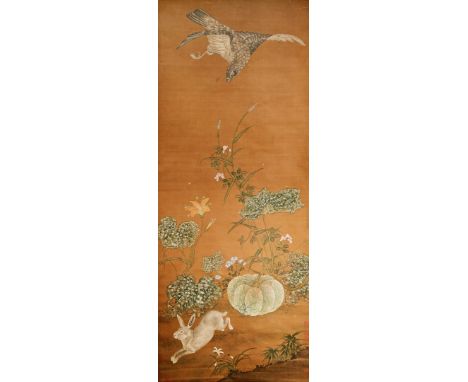 A CHINESE SONG-STYLE SCROLL PAINTING AFTER LIN CHUN, LATE QING DYNASTY Depicting a raptor above a rabbit and a melon vine, in