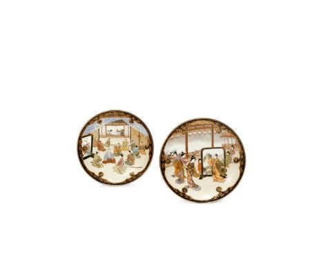 A PAIR OF JAPANESE SATSUMA PLATES, MEIJI 1868-1912 One decorated with a blindfolded man playing with women and children aroun