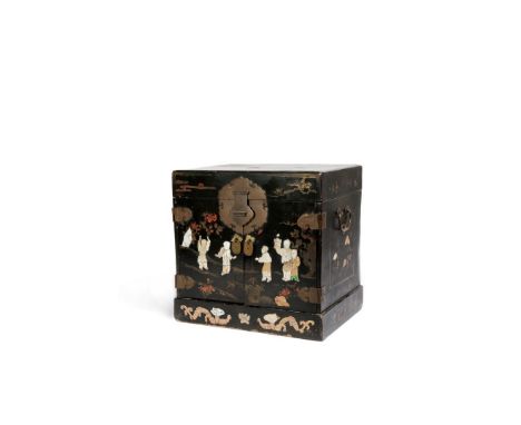 A CHINESE BLACK LACQUER SMALL TABLE CABINET, 17TH CENTURY Decorated with mother of pearl, bone and coloured stones, with five