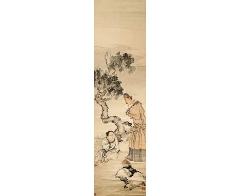 A CHINESE SCROLL PAINTING BY REN YI , (REN BONIAN, 1840-1896), 19TH CENTURY Depicting two figures with a pigeon beneath a tre