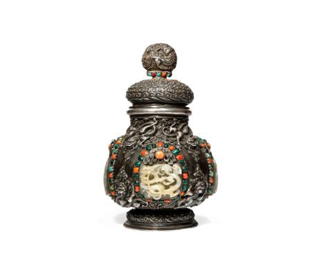 A TIBETAN SILVER METAL VASE AND COVER, 19TH CENTURY The ovoid body mounted with four Chinese pale celadon jade plaques, each 