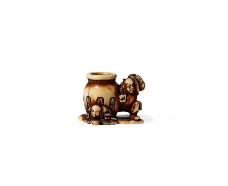 † A JAPANESE IVORY NETSUKE, 19TH CENTURY Carved as Shiba Onko about to throw a stone at the jar where a boy is drowning, anot