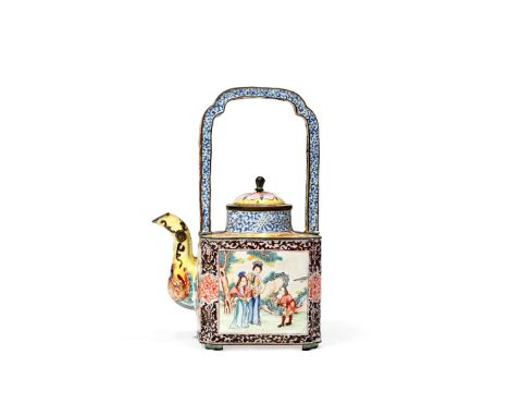 † A CHINESE CANTON ENAMEL FAMILLE ROSE TEAPOT , AND COVER, QIANLONG 1736-95 The rectangular body with a bail handle, decorate