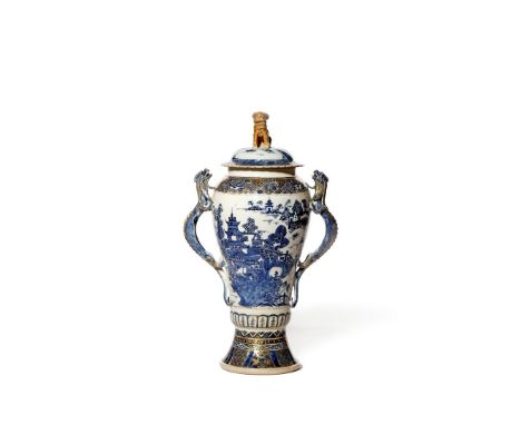 A CHINESE BLUE AND WHITE TWO-HANDLED VASE AND COVER, LATE 18TH CENTURY Made for the American market, the tapering body painte