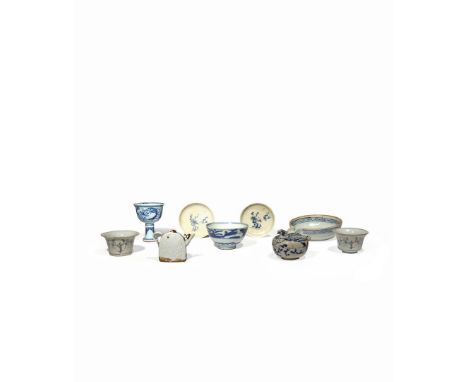 NINE CHINESE BLUE AND WHITE ITEMS, YUAN AND LATER Variously formed as bowls, dishes, a stem cup and a circular box and cover 
